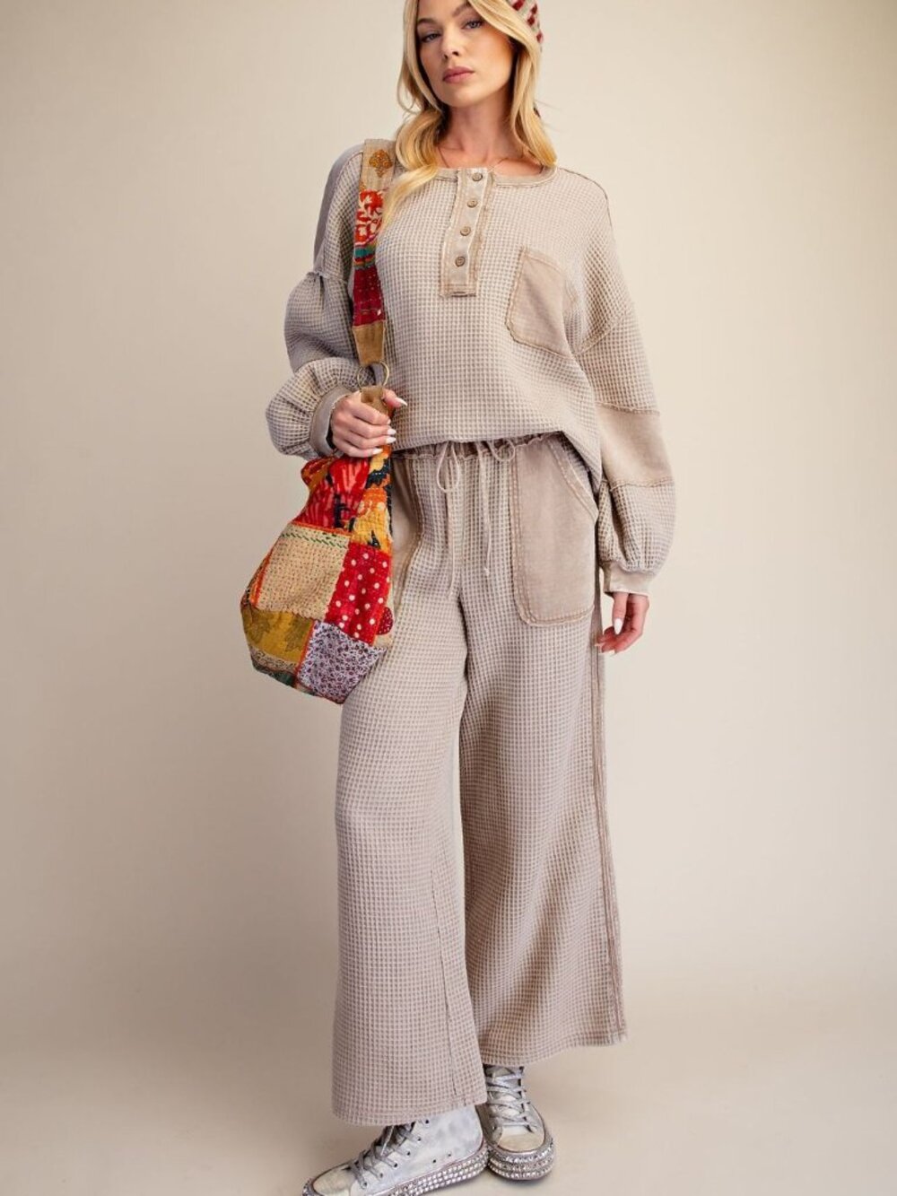EASEL WASHED THERMAL KNIT PANTS AND PULLOVER 35% COTTON 65%POLYESTER